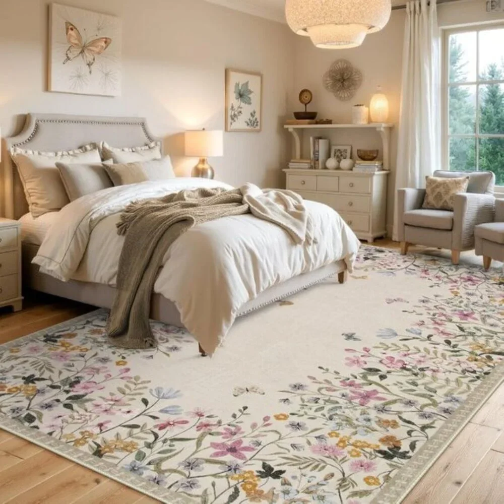 New 5x7 Washable Floral Rug, Non-Slip Botanical Carpet for Home & Room Decor